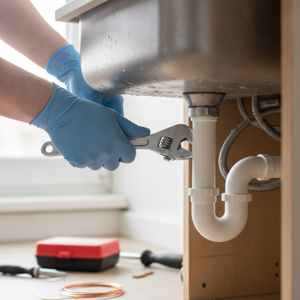 a focused photo of a plumber's hand doing sink repair